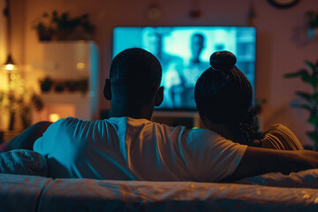 Obraz premium Generated with ai image of a beautiful loving relaxed couple watching tv at home together