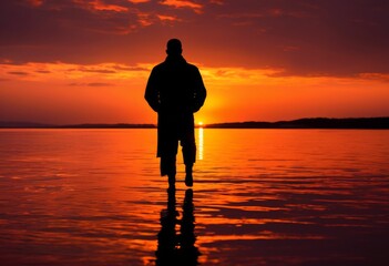Fototapeta premium illustration, dramatic sunset sunrise silhouette shots individual figures, sky, person, dusk, dawn, evening, morning, shadow, profile, outline, contrast, dark