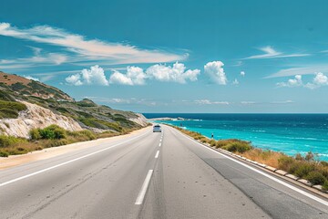 highway view on ocean beach. road landscape in summer. Landscape of a highway in the Mediterranean. The car is driving on the roads of Europe. coastal road in Europe. Colorful seascape of the Mediterr