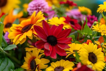Fototapeta premium Vibrant Close-Up of Red Flower Surrounded by Yellow Sunflowers and Pink Blossoms