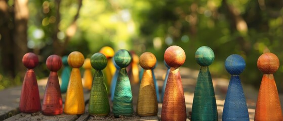 Colorful wooden figures in a serene park, portraying the peaceful coexistence of nature and urban life