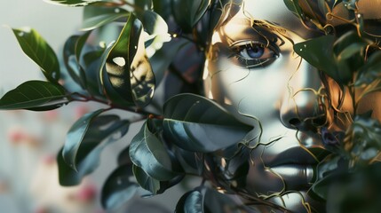 Kadr przedstawia bliskie ujęcie twarzy kobiety otoczonej liśćmi, które tworzą malownicze tło. Kobieta wydaje się skupiona na czymś co znajduje się poza kadrem