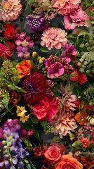 Vibrant Display of Dahlias, Roses, and Small Purple Flowers Amidst Lush Green Foliage