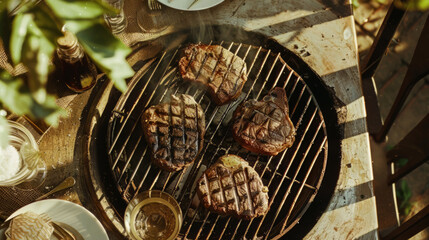 Grilled Steaks on Outdoor Barbecue with Condiments