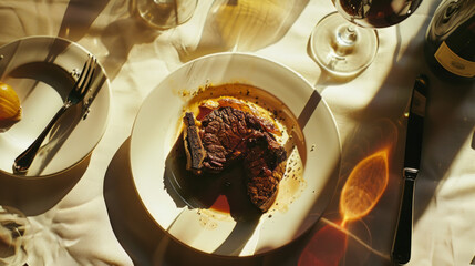 Elegant Steak Dinner with Wine on a Sunny Table