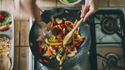 Stir-Frying Fresh Vegetables in Sunlit Kitchen