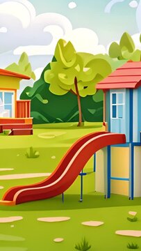 Children's safety playground for outdoor recreation and games in the summer. Kindergarten flat. Swings, sandbox, slide on the green lawn near the house. Vector illustration 