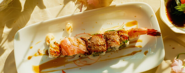 Elegant Sushi Selection on White Ceramic Plate
