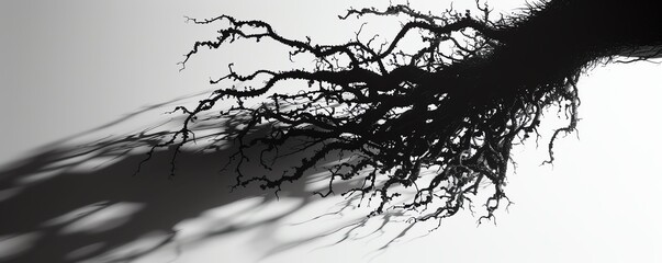 High contrast silhouette of fingerroot, dramatic shadows and bold outlines against a pure white surface