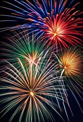 Obraz premium illustration, vibrant fireworks illuminating night sky long exposure shot, colorful, bursts, celebration, event, dazzling, display, streaks, light, backdrop, motion