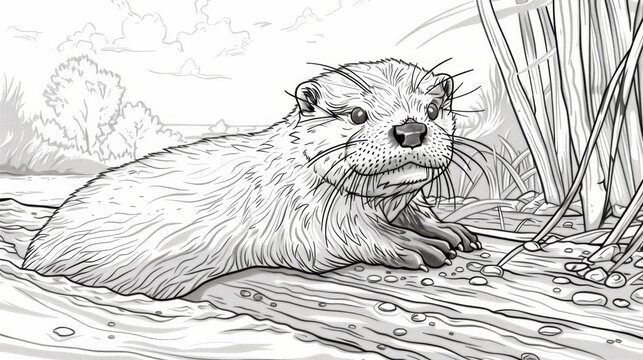 coloring book A cute baby otter is playing near the water.
