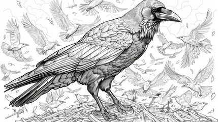 Naklejka premium coloring book A detailed illustration of a raven with a white background. The raven is facing the viewer with its beak open and wings spread.