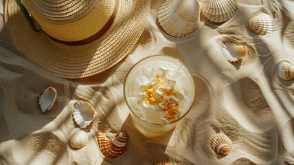 unny Beachside Relaxation with Refreshing Drinks and Seashells