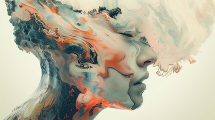 Obraz przedstawia twarz kobiety z rozchylonymi ustami i włosami unoszącymi się na wietrze. Wyraz twarzy sugeruje emocje - obrazy, fototapety, plakaty