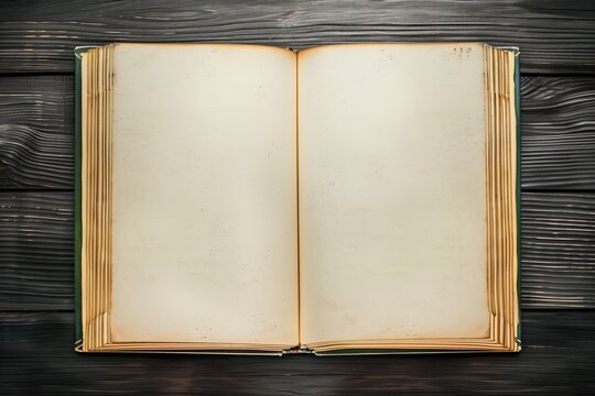 Time-worn open book on rustic wooden background evoking tales of yore and academic nostalgia