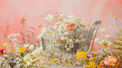 Wildflowers in Shopping Cart on Pink Background