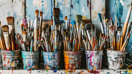 Obraz premium A row of paint brushes are displayed in a variety of colors and sizes