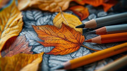 coloring book Art supplies. Color pencils and a beautiful fall leaf.