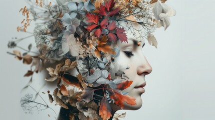 Kobieta trzymająca liście na swojej głowie, wyglądająca na spokojną i zanurzoną w naturze - obrazy, fototapety, plakaty