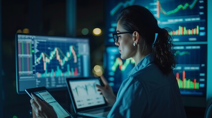 Focused businesswoman analyzing financial trends on laptop and tablet with candlestick charts in modern office setting
