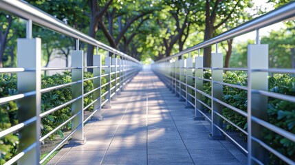 Sunlight gleaming on stainless steel railings along an outdoor modern walkway