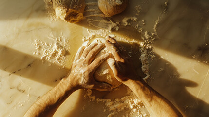 Hands Kneading Dough on a Flour-Covered Surface