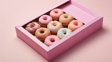 A variety of frosted donuts arranged in a pink box against a soft pink background