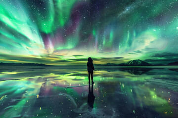Violet and green aurora shine in the night sky, reflections in calm water, Very twisty aurora fills the sky, landscape without people