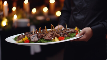 Waiter Serving Grilled Skewered Meat with Fresh Garnish at an Elegant Event