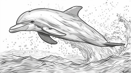 coloring book Black and white image of a dolphin jumping out of the water.