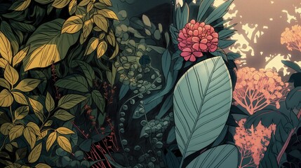 Na obrazie znajdują się szczegółowe ilustracje botanicznych okazów kwiatów i liści. Są one ułożone w sposób regularny, tworząc przyjemny widok na ścianie