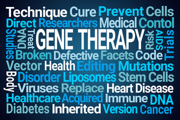 Gene Therapy Word Cloud on Blue Background