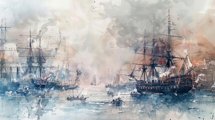 A painting watercolor of a bustling port, ships coming and going, isolated with a white background