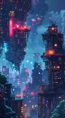 mesmerizing digital pixel art illustration presenting a whimsical side view of a futuristic cityscape with floating buildings and neon lights, infusing a retro-futuristic vibe with intricate