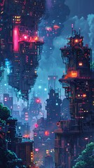 Obraz premium mesmerizing digital pixel art illustration presenting a whimsical side view of a futuristic cityscape with floating buildings and neon lights, infusing a retro-futuristic vibe with intricate