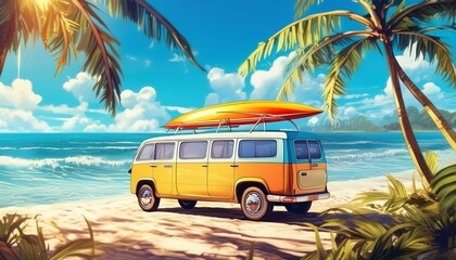 retro-style minivan parked on a sandy shore, surrounded by lush palm trees and a turquoise sea, with a colorful surfboard atop, summer vacation beach background