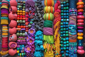 colorful array of clay sculptures of crafting supplies from a rear perspective Show vibrant hues and different shapes of beads, threads, and papers sculpted intricately, clay sculpture