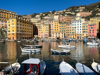 Boats and houses in Camoglia Italy. Town in rocks. Seaside cove with history of fishing village. 