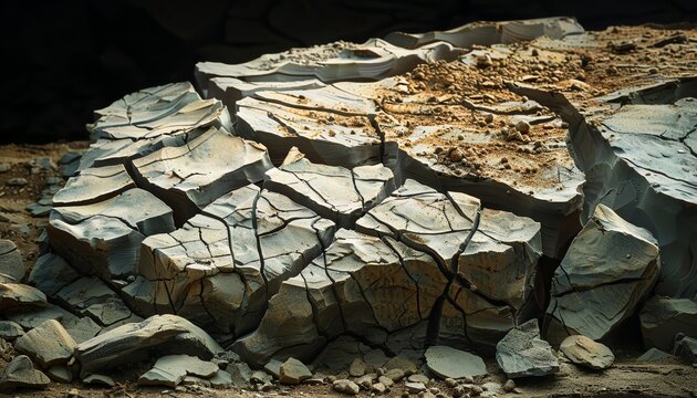striking clay sculpture depicting a tilted view of cracked earth, showcasing intricate details of parched soil, emphasized textures, and dynamic shadows Ensure the sculpture conveys the grit