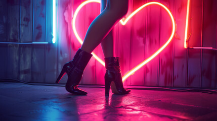 Close-up of elegant high heels against a vibrant neon heart backdrop