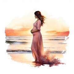 A pregnant woman standing on the beach at sunset watercolor painting illustration on white background