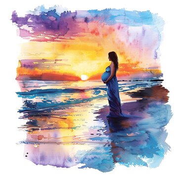 A pregnant woman standing on the beach at sunset watercolor painting illustration on white background