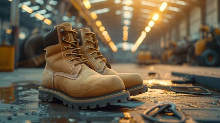 Durable safety boots on a factory floor bathed in golden light