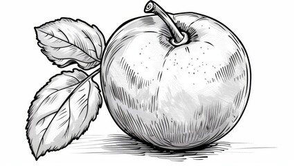 coloring book Black and white sketch of an apple with a single leaf.