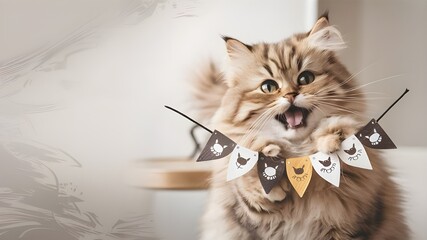 Portrait of cute and joyful cat, cat animal banner with copy space