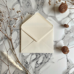 there is a white envelope with a small card on a marble surface