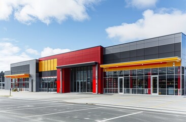 Exterior view of a retail supermarket building against a blue sky background, inviting customers with its vibrant facade