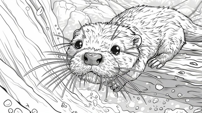 coloring book Cute baby otter playing near the water
