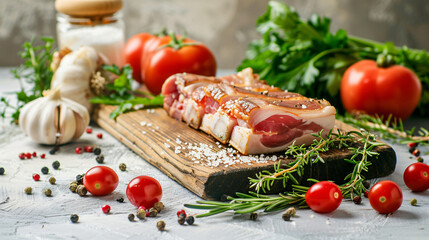 Wooden board with salted lard and fresh vegetables on