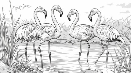 Obraz premium coloring book Four graceful flamingos standing in a serene lake, surrounded byLu Wei